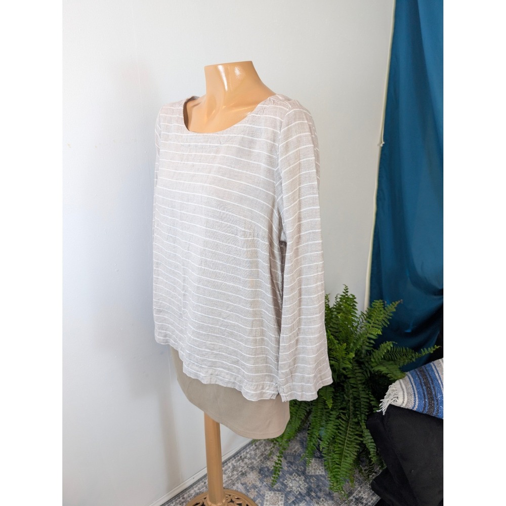 C&C California Striped Linen Top Womens Large Grey White Long Sleeve Coastal